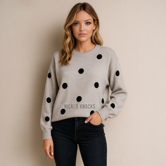 Premise Gray Black Polka Dot Puff Sleeve Stretch Knit Sweater Pullover Size XS - Picture 1 of 11